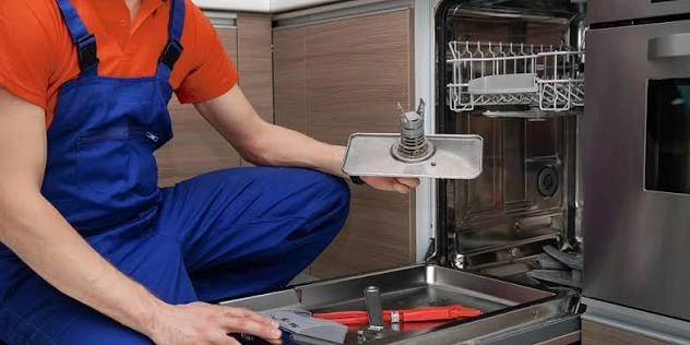Appliance repair professional inspecting a removed dishwasher filter
