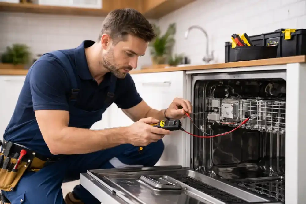 Appliance technician carefully inspecting a dishwasher in a home kitchen
